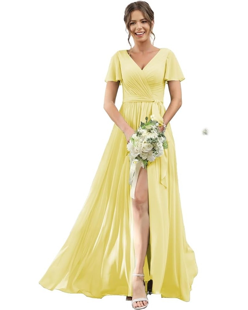 Women's Flutter Sleeves Bridesmaid Dress with Slit V Neck Faux-Wrap Chiffon Long Formal Dresses with Pockets TN028 Canary $28...