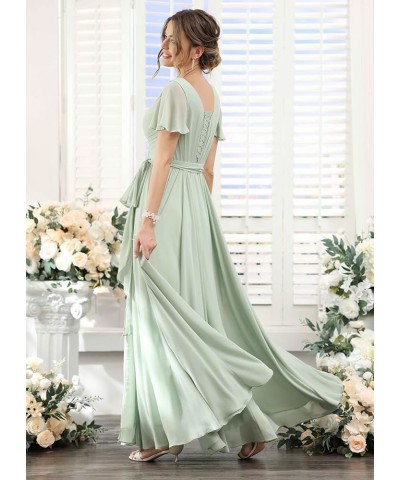 Women's Flutter Sleeves Bridesmaid Dress with Slit V Neck Faux-Wrap Chiffon Long Formal Dresses with Pockets TN028 Canary $28...