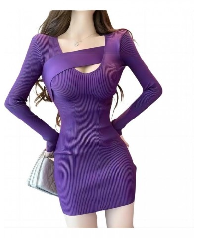 Stretch Korean Sexy Long Sleeve V-Neck Cross Underlay Knit Pullover Dress, Rib Pit Stripe Wrap Hip Sweater Dress Purple $7.42...