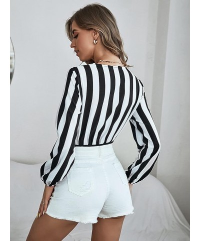 Women's Wrap V Neck Blouses Striped Print Long Sleeve Bodysuit Shirt Tops Black and White $23.77 Bodysuits