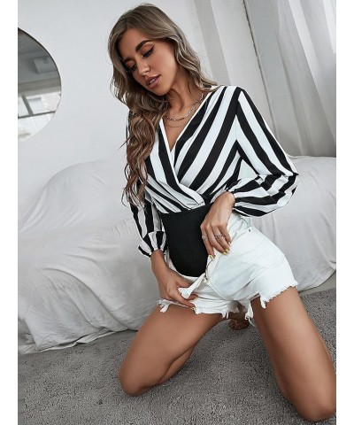 Women's Wrap V Neck Blouses Striped Print Long Sleeve Bodysuit Shirt Tops Black and White $23.77 Bodysuits