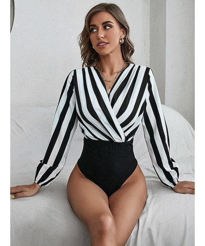 Women's Wrap V Neck Blouses Striped Print Long Sleeve Bodysuit Shirt Tops Black and White $23.77 Bodysuits