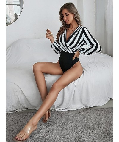 Women's Wrap V Neck Blouses Striped Print Long Sleeve Bodysuit Shirt Tops Black and White $23.77 Bodysuits