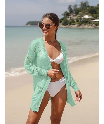 Casual Lightweight Long Sleeve Cardigan Loose Soft Drape Open Front Crochet Sweater Sun Protection Coverups Light Green $20.3...