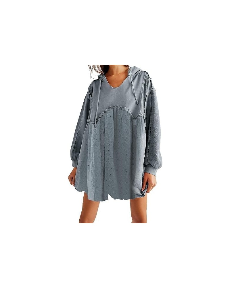 Women Casual Long Sleeve Drawstring V Neck Patchwork Sweatshirt Drop Shoulder Babydoll Hoodie Dress Slate $12.32 Hoodies & Sw...