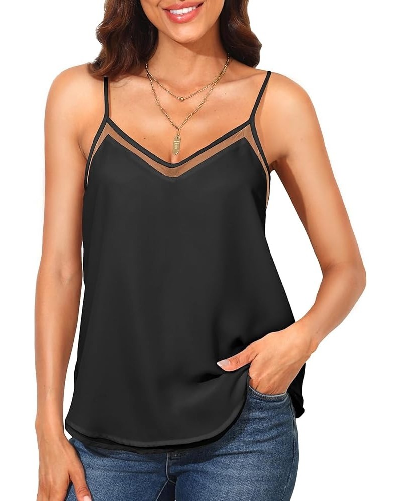 Chiffon Tank Top for Women V Neck Dressy Flowy Summer Tank Blouse Loose Fit Spaghetti Strap Cami Shirt mesh v neck Black-mesh...