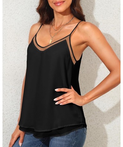 Chiffon Tank Top for Women V Neck Dressy Flowy Summer Tank Blouse Loose Fit Spaghetti Strap Cami Shirt mesh v neck Black-mesh...