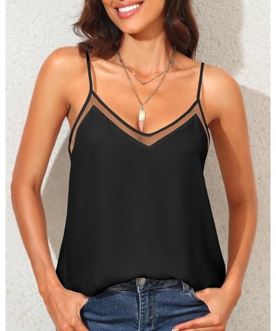 Chiffon Tank Top for Women V Neck Dressy Flowy Summer Tank Blouse Loose Fit Spaghetti Strap Cami Shirt mesh v neck Black-mesh...