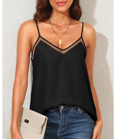 Chiffon Tank Top for Women V Neck Dressy Flowy Summer Tank Blouse Loose Fit Spaghetti Strap Cami Shirt mesh v neck Black-mesh...