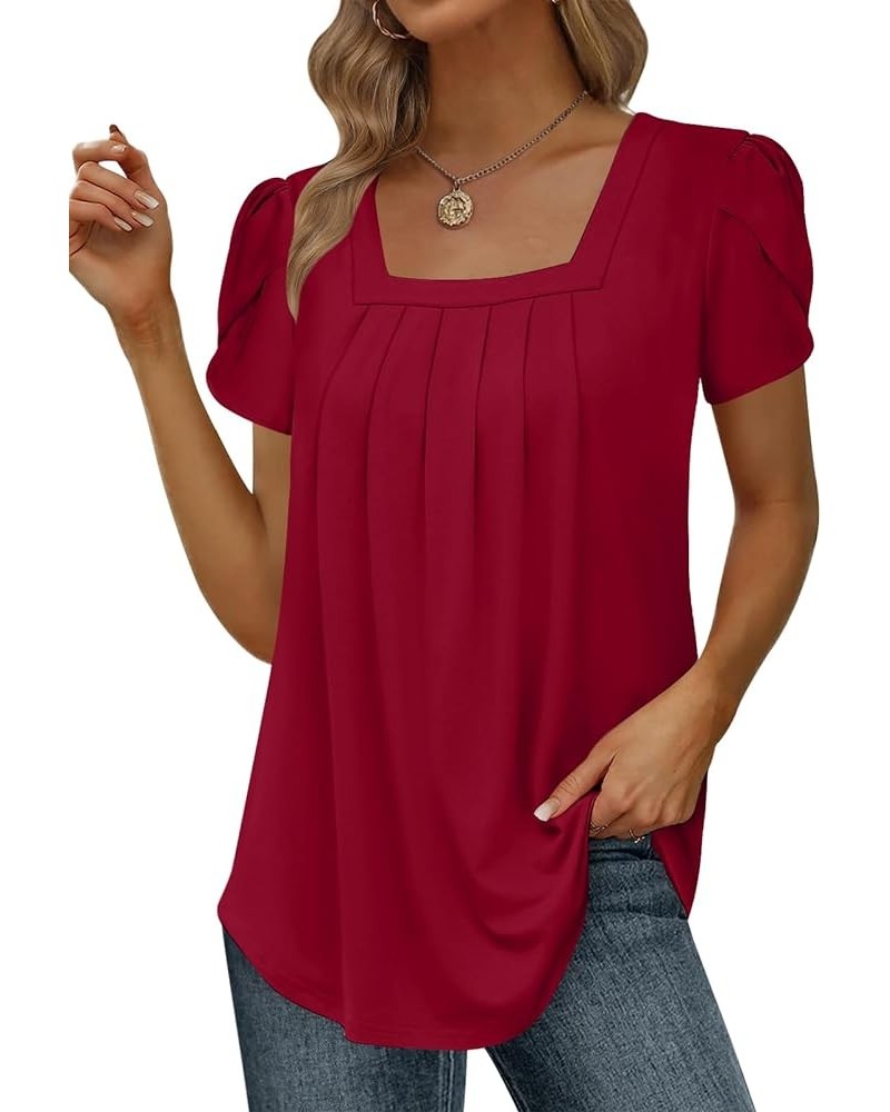 Womens Summer Tunic Tops Pleated Square Neck T Shirts Casual Petal Short Sleeve Blouses Petal Sleeve/Red $11.25 Tops