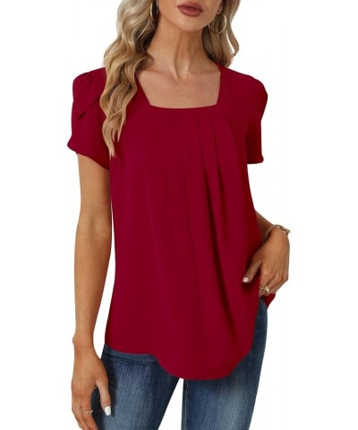 Womens Summer Tunic Tops Pleated Square Neck T Shirts Casual Petal Short Sleeve Blouses Petal Sleeve/Red $11.25 Tops