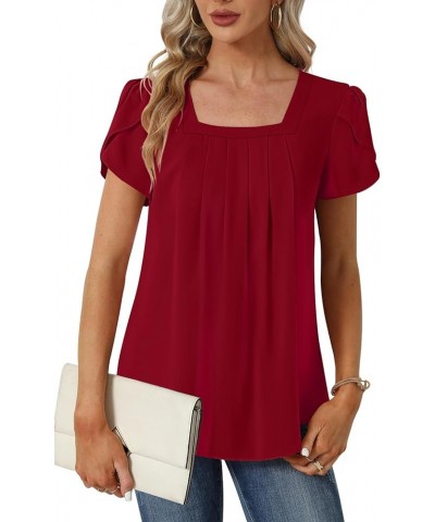 Womens Summer Tunic Tops Pleated Square Neck T Shirts Casual Petal Short Sleeve Blouses Petal Sleeve/Red $11.25 Tops