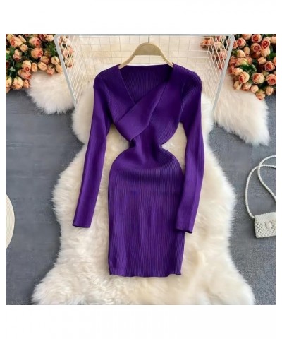 Stretch Korean Sexy Long Sleeve V-Neck Cross Underlay Knit Pullover Dress, Rib Pit Stripe Wrap Hip Sweater Dress Purple $7.42...