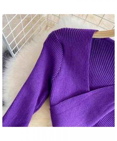 Stretch Korean Sexy Long Sleeve V-Neck Cross Underlay Knit Pullover Dress, Rib Pit Stripe Wrap Hip Sweater Dress Purple $7.42...