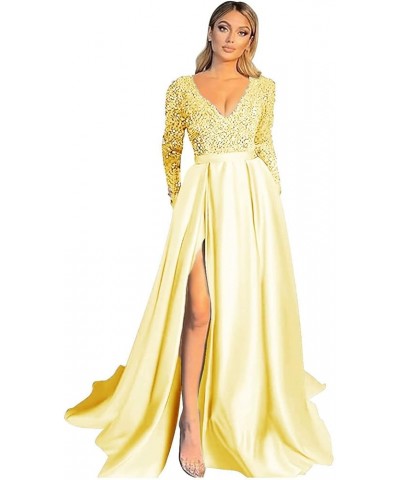 Women's Elegant V Neck Long Sleeve Prom Dresses with Slit Sequin Satin Formal Evening Party Gowns Yellow $34.03 Dresses