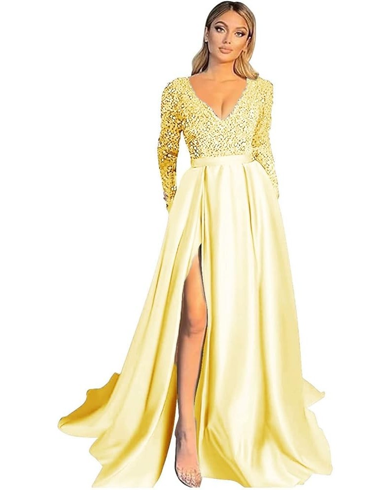 Women's Elegant V Neck Long Sleeve Prom Dresses with Slit Sequin Satin Formal Evening Party Gowns Yellow $34.03 Dresses