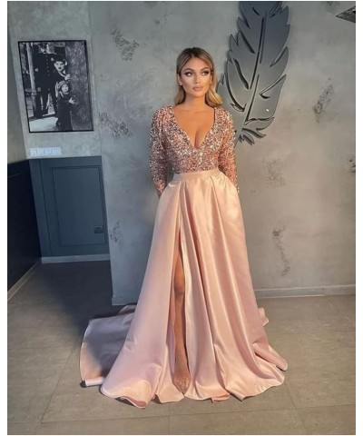 Women's Elegant V Neck Long Sleeve Prom Dresses with Slit Sequin Satin Formal Evening Party Gowns Yellow $34.03 Dresses