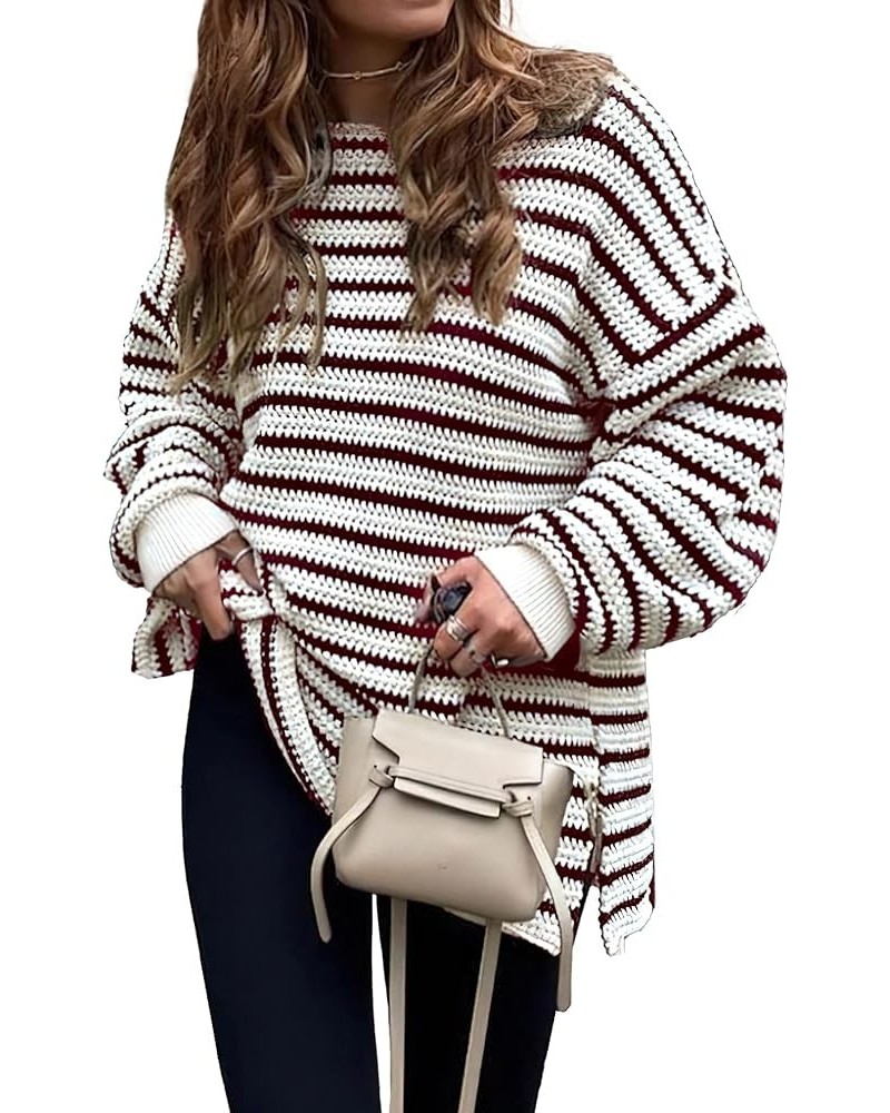 Women's 2024 Fall Winter Oversized Long Sleeve Striped Sweater Casual Crewneck Side Split Pullover Knit Tops Striped Dark Win...