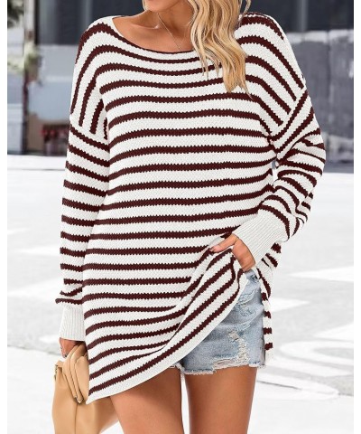 Women's 2024 Fall Winter Oversized Long Sleeve Striped Sweater Casual Crewneck Side Split Pullover Knit Tops Striped Dark Win...