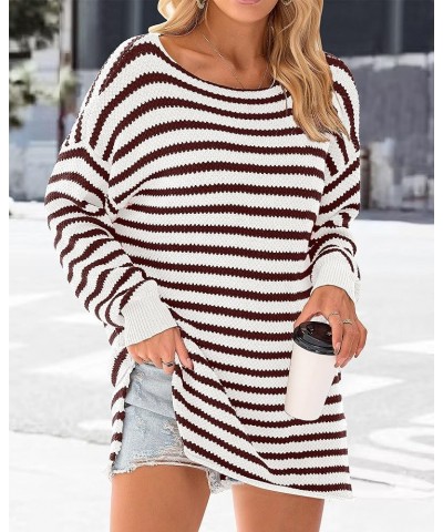 Women's 2024 Fall Winter Oversized Long Sleeve Striped Sweater Casual Crewneck Side Split Pullover Knit Tops Striped Dark Win...