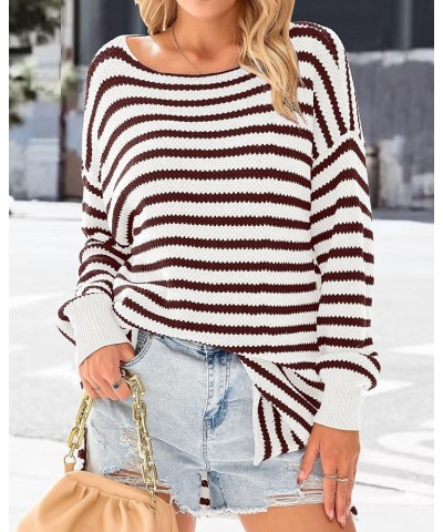 Women's 2024 Fall Winter Oversized Long Sleeve Striped Sweater Casual Crewneck Side Split Pullover Knit Tops Striped Dark Win...