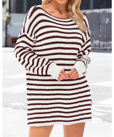 Women's 2024 Fall Winter Oversized Long Sleeve Striped Sweater Casual Crewneck Side Split Pullover Knit Tops Striped Dark Win...