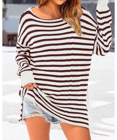 Women's 2024 Fall Winter Oversized Long Sleeve Striped Sweater Casual Crewneck Side Split Pullover Knit Tops Striped Dark Win...