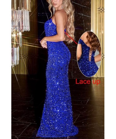 Sparkly Sequin Prom Dresses for Women 2024 Long Mermaid Strapless Glitter Formal Evening Prom Ball Gown with Slit,AB Blue,Cus...