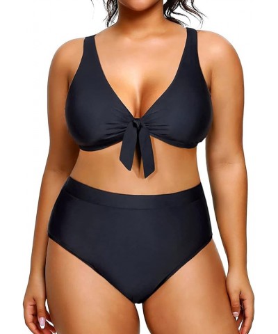 Women Plus Size Two Piece Swimsuits High Waisted Bikini Set Tie Knot Bathing Suits Tummy Control Swimwear Black $15.12 Swimsuits