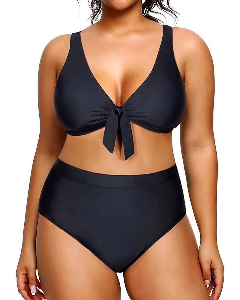 Women Plus Size Two Piece Swimsuits High Waisted Bikini Set Tie Knot Bathing Suits Tummy Control Swimwear Black $15.12 Swimsuits