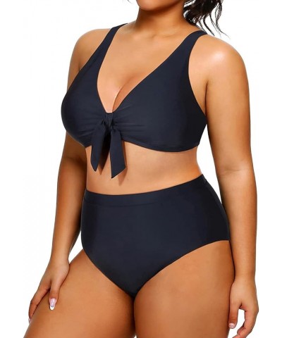 Women Plus Size Two Piece Swimsuits High Waisted Bikini Set Tie Knot Bathing Suits Tummy Control Swimwear Black $15.12 Swimsuits