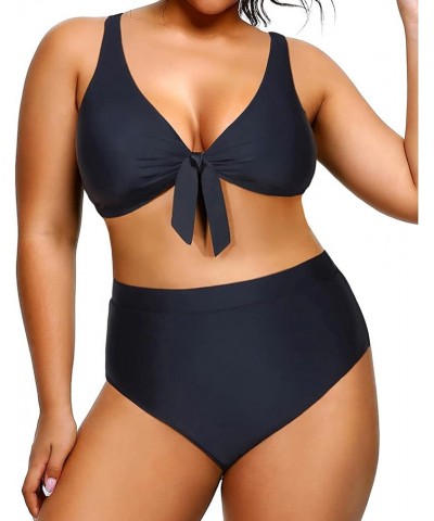 Women Plus Size Two Piece Swimsuits High Waisted Bikini Set Tie Knot Bathing Suits Tummy Control Swimwear Black $15.12 Swimsuits