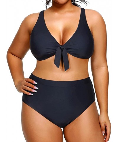 Women Plus Size Two Piece Swimsuits High Waisted Bikini Set Tie Knot Bathing Suits Tummy Control Swimwear Black $15.12 Swimsuits