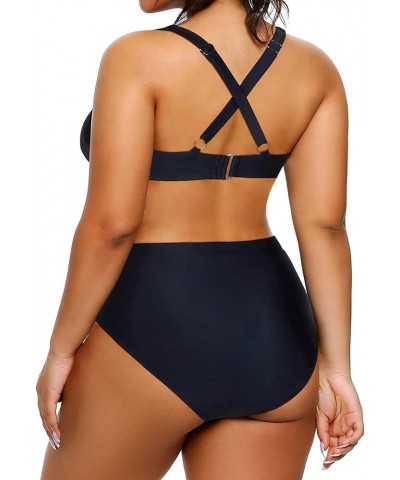 Women Plus Size Two Piece Swimsuits High Waisted Bikini Set Tie Knot Bathing Suits Tummy Control Swimwear Black $15.12 Swimsuits