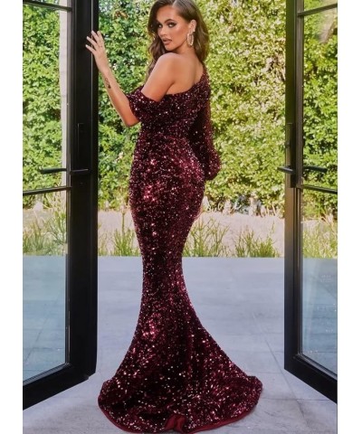 Sparkly Sequin Long Prom Dresses for Women One Shoulder Mermaid Formal Evening Party Gowns with Slit 2024 YO117 D-dusty Rose ...