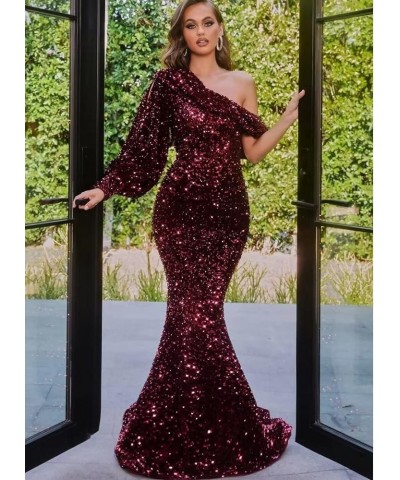 Sparkly Sequin Long Prom Dresses for Women One Shoulder Mermaid Formal Evening Party Gowns with Slit 2024 YO117 D-dusty Rose ...