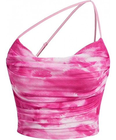 Women's Tie Dye Spaghetti Strap Cut Out One Shoulder Ruched Crop Cami Top Hot Pink $13.49 Tanks