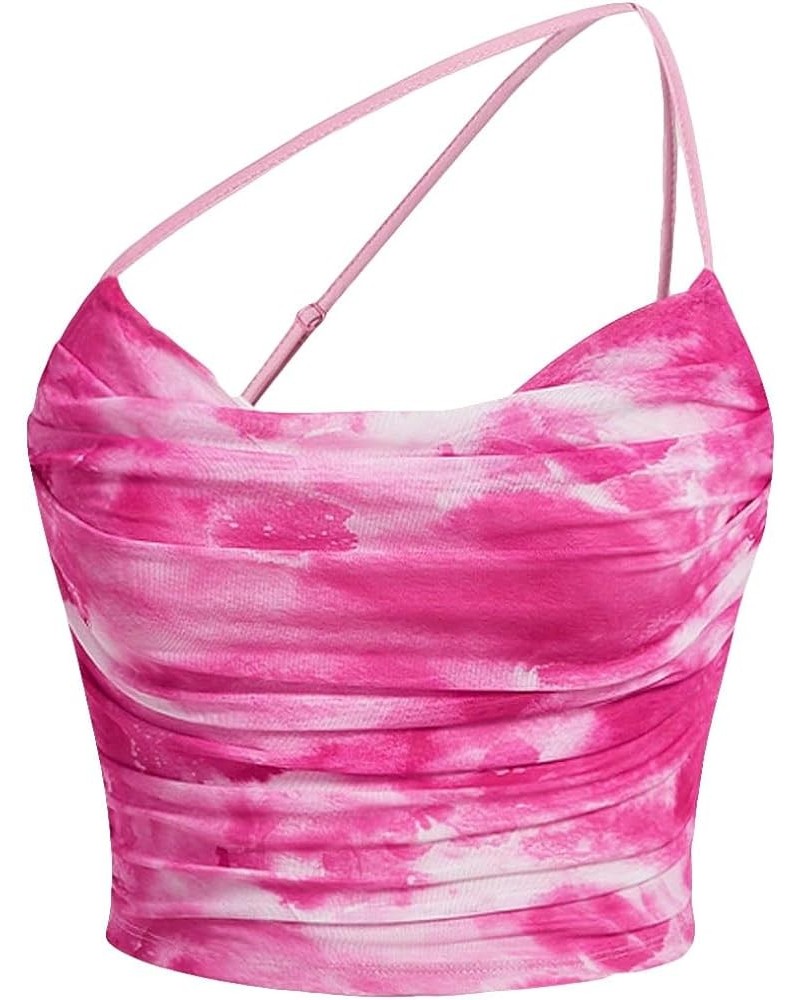 Women's Tie Dye Spaghetti Strap Cut Out One Shoulder Ruched Crop Cami Top Hot Pink $13.49 Tanks