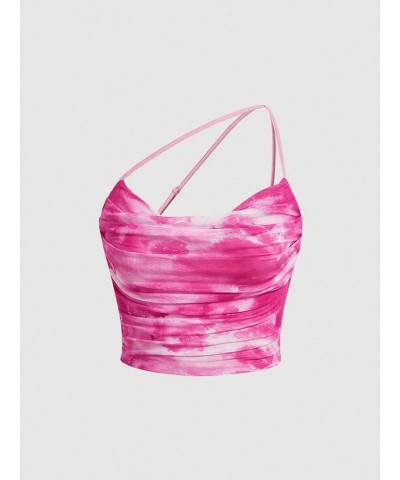 Women's Tie Dye Spaghetti Strap Cut Out One Shoulder Ruched Crop Cami Top Hot Pink $13.49 Tanks