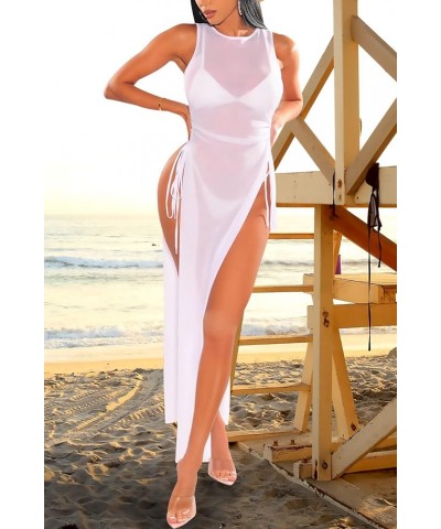 Women's Sexy Mesh Sheer Swimsuit Cover Ups Long Beach See Through Dress Drawstring-white $15.12 Swimsuits