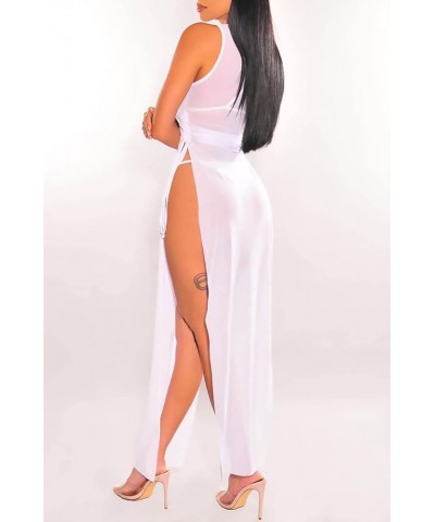 Women's Sexy Mesh Sheer Swimsuit Cover Ups Long Beach See Through Dress Drawstring-white $15.12 Swimsuits