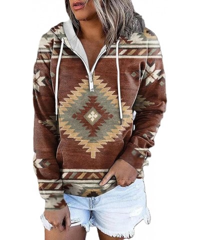 Women's Aztec Hoodies Western Pullovers Tops Button Hooded Neck Sweatshirt Ethnic Style Long Sleeve T Shirts B-red-brown $13....
