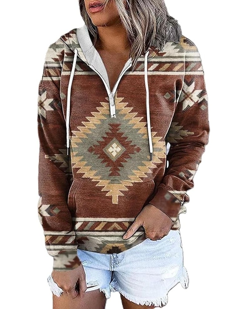 Women's Aztec Hoodies Western Pullovers Tops Button Hooded Neck Sweatshirt Ethnic Style Long Sleeve T Shirts B-red-brown $13....