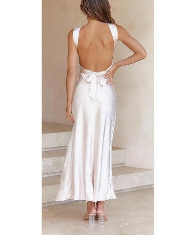 Women's V Neck Spaghetti Strap Satin High Slit Wedding Guest Formal Maxi Dress Cocktail Evening Party Dress White $21.60 Dresses