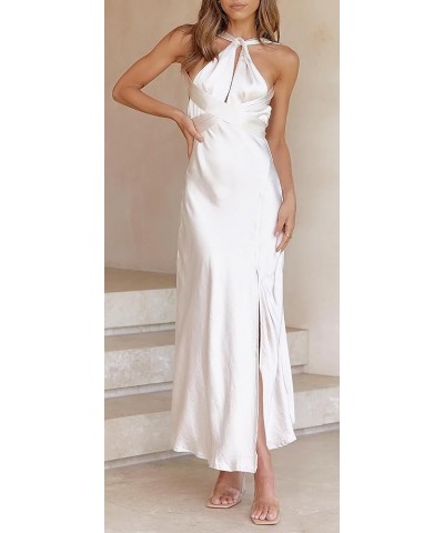 Women's V Neck Spaghetti Strap Satin High Slit Wedding Guest Formal Maxi Dress Cocktail Evening Party Dress White $21.60 Dresses