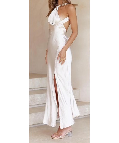 Women's V Neck Spaghetti Strap Satin High Slit Wedding Guest Formal Maxi Dress Cocktail Evening Party Dress White $21.60 Dresses