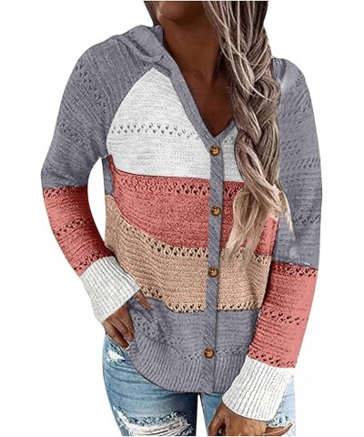 Women Striped Color Block Hoodies Lightweight Long Sleeve Rib Knit Sweater Drawstring Zip V Neck Outerwear Stretch Slim Top C...