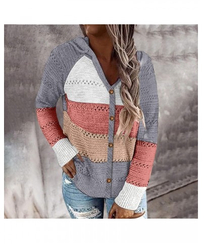 Women Striped Color Block Hoodies Lightweight Long Sleeve Rib Knit Sweater Drawstring Zip V Neck Outerwear Stretch Slim Top C...