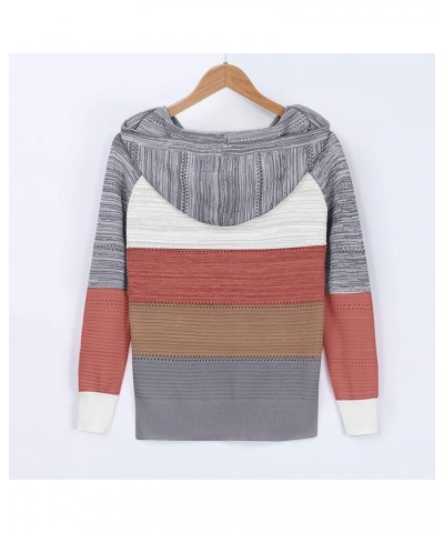 Women Striped Color Block Hoodies Lightweight Long Sleeve Rib Knit Sweater Drawstring Zip V Neck Outerwear Stretch Slim Top C...