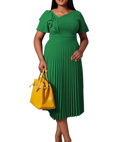 Women's Ruffle Short Sleeve Pleated Asymmetrical Neck A Line Elegant Midi Dress Green $24.48 Dresses